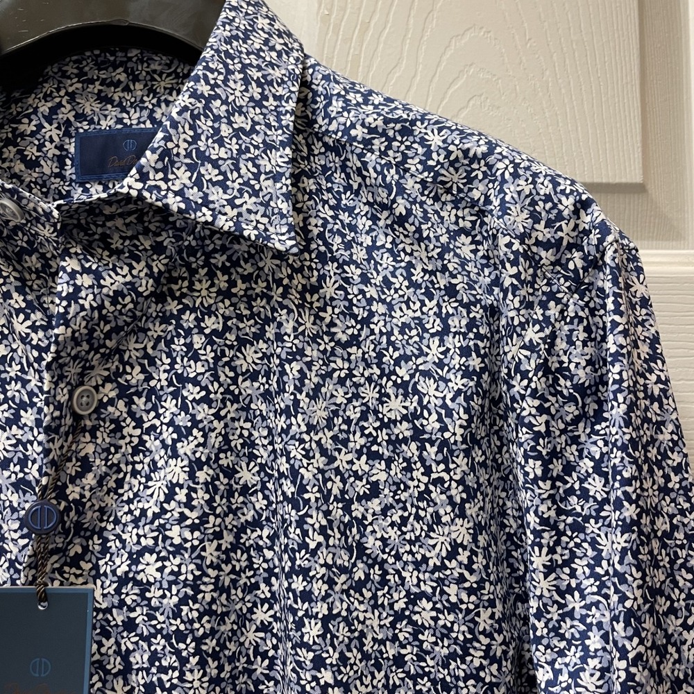David Donahue Men's Large Blue/White‎ Floral Dress Shirt $155 NWT